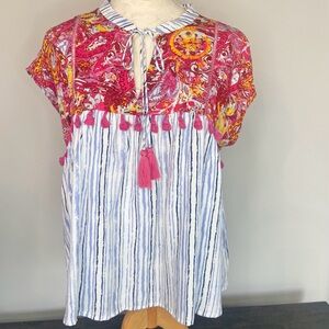 THML Mixed Print Babydoll Blouse with Tassels Boho Size Medium